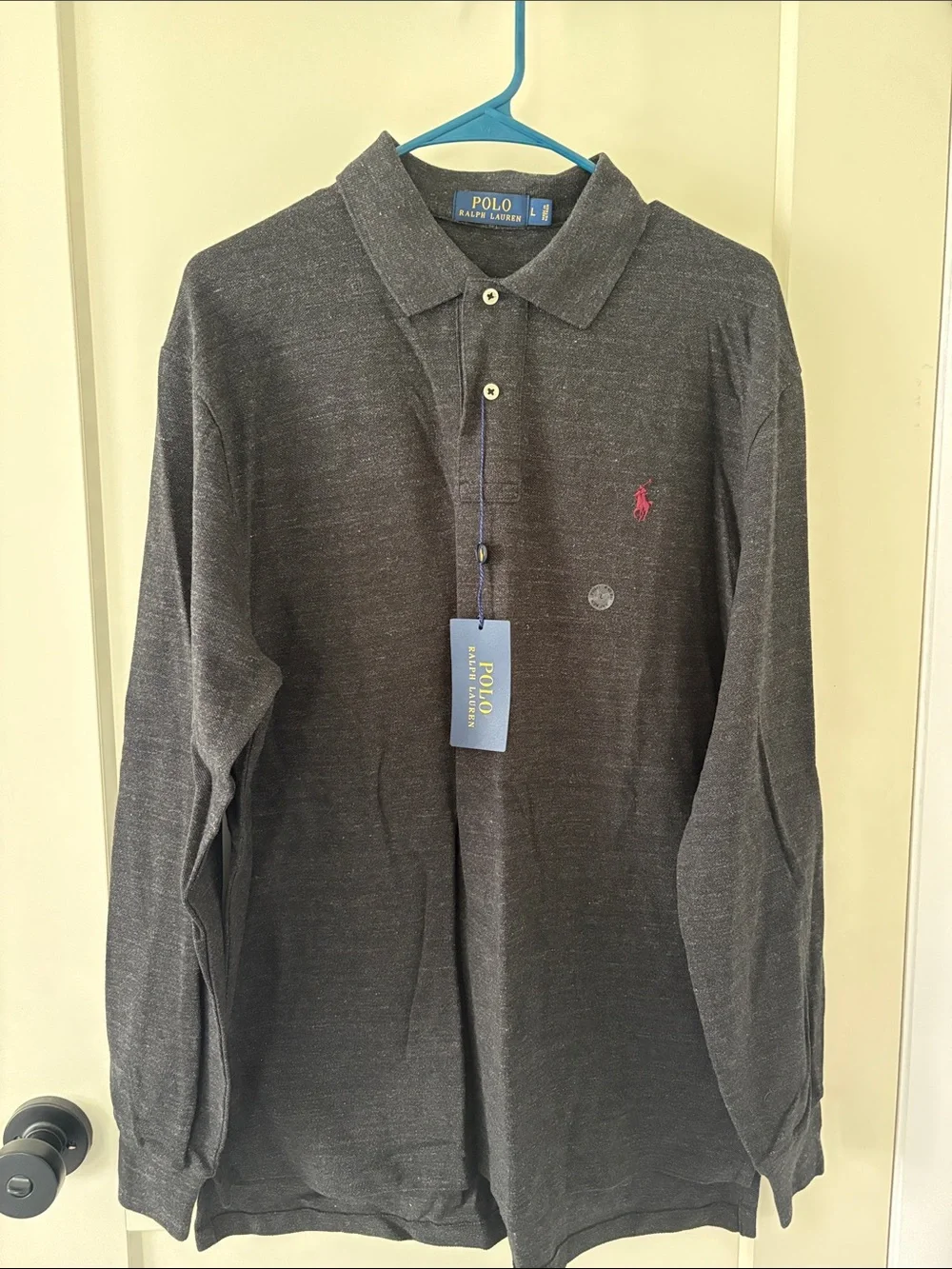 NWT Men’s Large Ralph Lauren Long-Sleeve Polo Shirt in Dark Gray with Red Pony